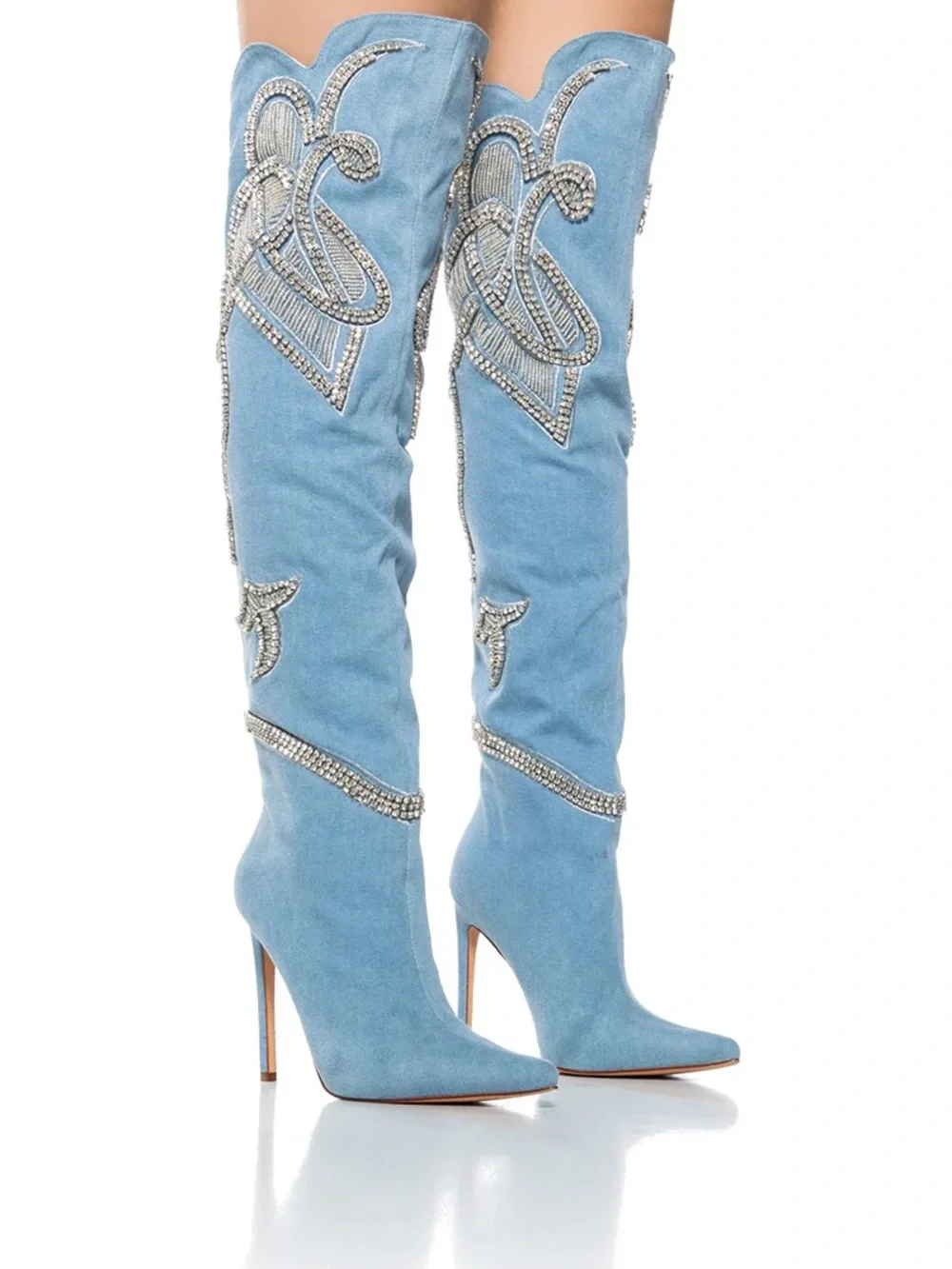 Azalea Wang Everlee Denim Silver Over-the-Knee Stiletto Boot with Crystal Detail